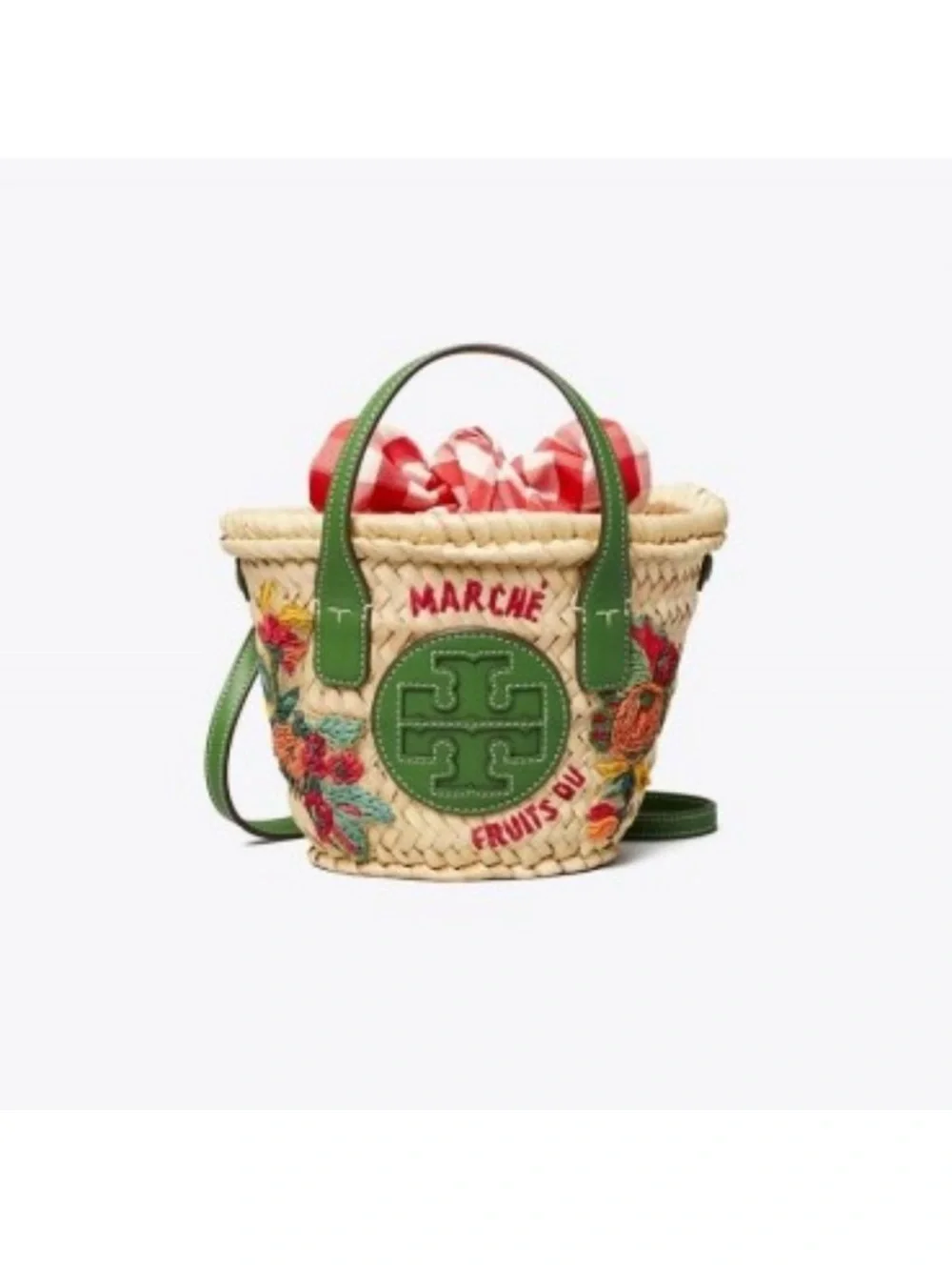 Tory Burch Green Trim Embroidered Woven Straw Tote with Red Gingham Accent